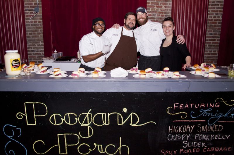 Daniel Doyle, AJ Pietzyk, TeShawn Gamble, and Beth Walton served Poogan&#039;s Porch crispy pork belly slider with spicy pickled cabbage and Duke&#039;s mayonnaise on a Hawaiian roll.