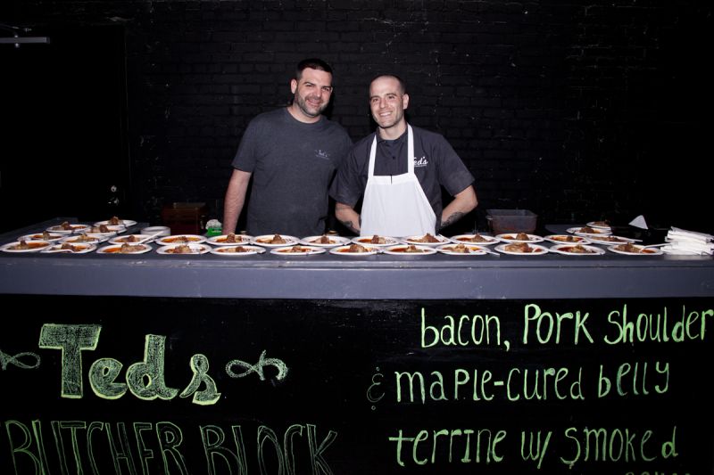 Ted&#039;s Butcher Block&#039;s Chad Dennis and Joe Cinnante handed out a bacon pork shoulder maple-cured belly terrine with smoked apple and barbecue sauce.