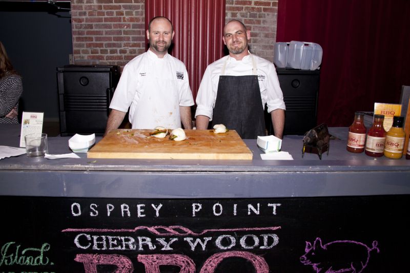 Jason Cote and Danny Coulter from Kiawah Island&#039;s Osprey Point Cherrywood BBQ served seared pork belly on steamed buns.