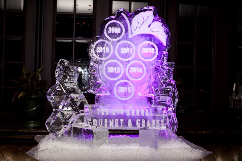 Brian Connor of Ice Age Ice Sculptures provided this display commemorating Gourmet and Grapes&#039; seventh year.