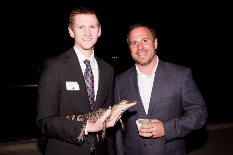 Josh Zalabak, the Aquarium&#039;s herpetologist, with Matt McKeown and a special party guest
