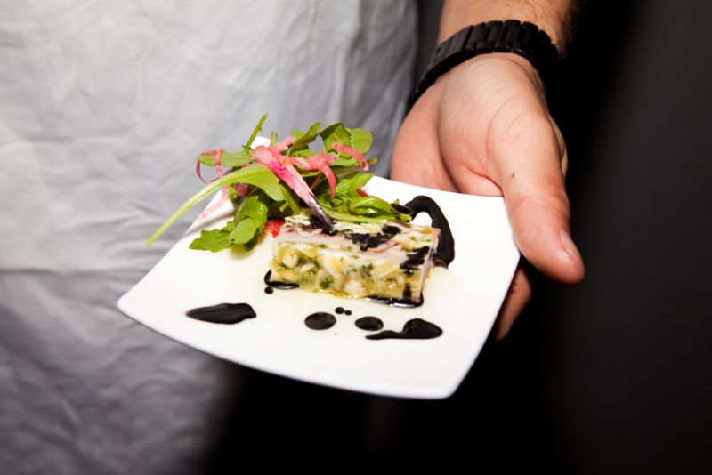 Indaco served an octopus terrine and an arugula and radish salad with a squid ink vinaigrette.