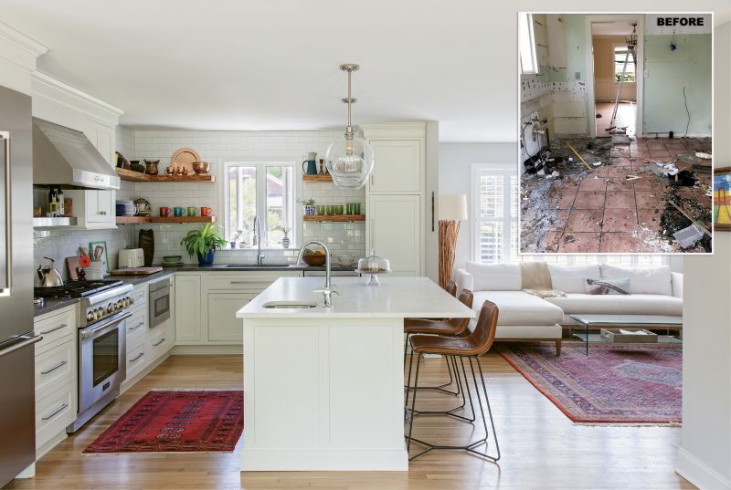 ALL TOGETHER NOW: To achieve an open floor plan, Solid Renovations removed three and a half walls from the ground floor. In the kitchen, handsome leather barstools from West Elm—tucked beneath a Calacatta Balena marble island and Pottery Barn globe pendants—offer comfy seating for guests.