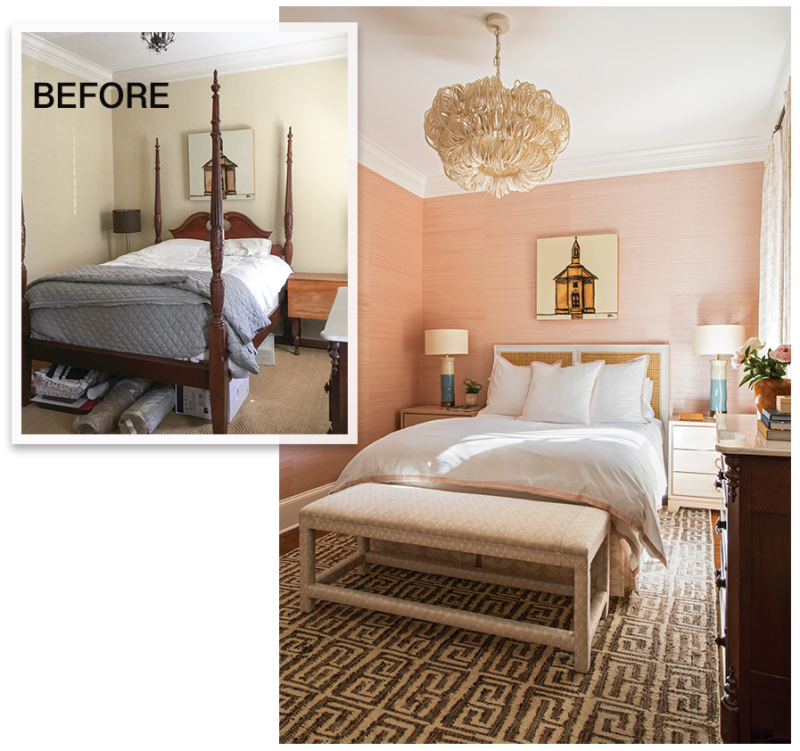 Stay Awhile: In the guest room, Elebash swapped beiges and browns for pinks and creams to create a welcoming suite for guests. Textured touches—the Phillip Jeffries grasscloth wall covering, the Palecek “Monroe” wood-beaded chandelier, and the Serena &amp; Lily “Harbour Cane” headboard—make the room feel fresh and organic with a splash of femininity.