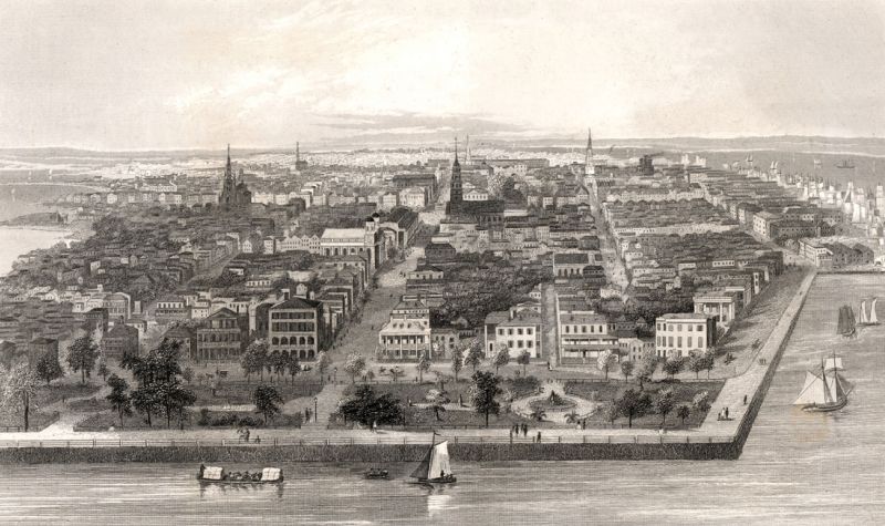 An etching of Charleston in 1850 (above); Lind tour press corps journalist Rosenberg wrote that in Charleston, the singer was able to stroll to the Battery, unlike other American cities where crowds “would have dogged every step she took.”