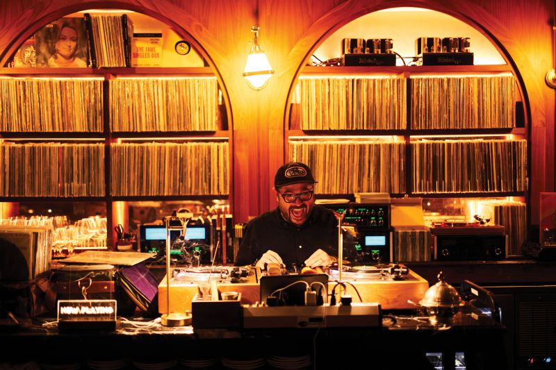 Chef Sean Brock at the turntables of Bar Continental, the hi-fi listening lounge he opened last fall in downtown Nashville.