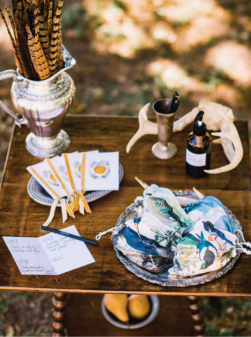 Guests are greeted by Birds of America face masks, booklets for recording resolutions, and—of course—hand sanitizer, in a handsome amber bottle.