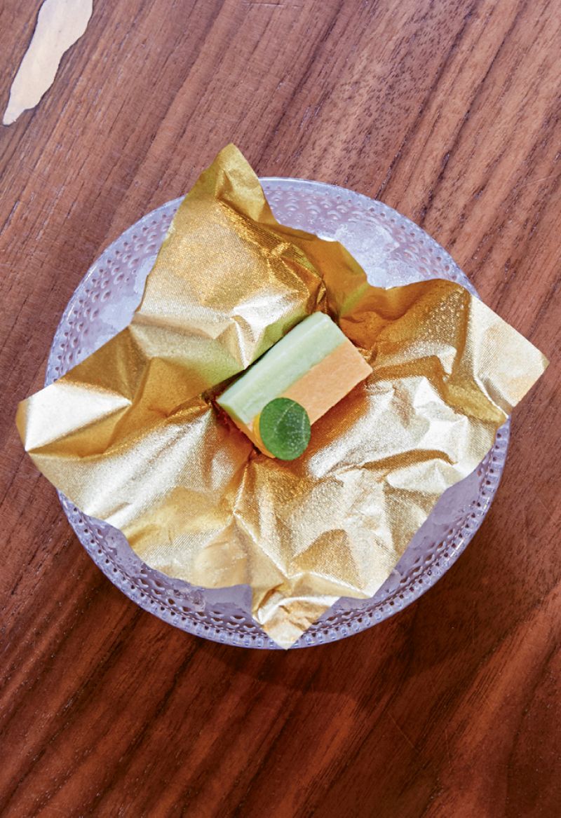 An ingot of uni and cucumber appears to have a mousse-like texture, but is ice-cold