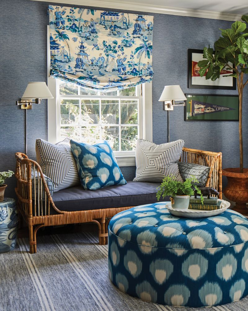 Performance textiles in a host of blues and an Article daybed make the second-floor study a perfect place to both work and unwind.