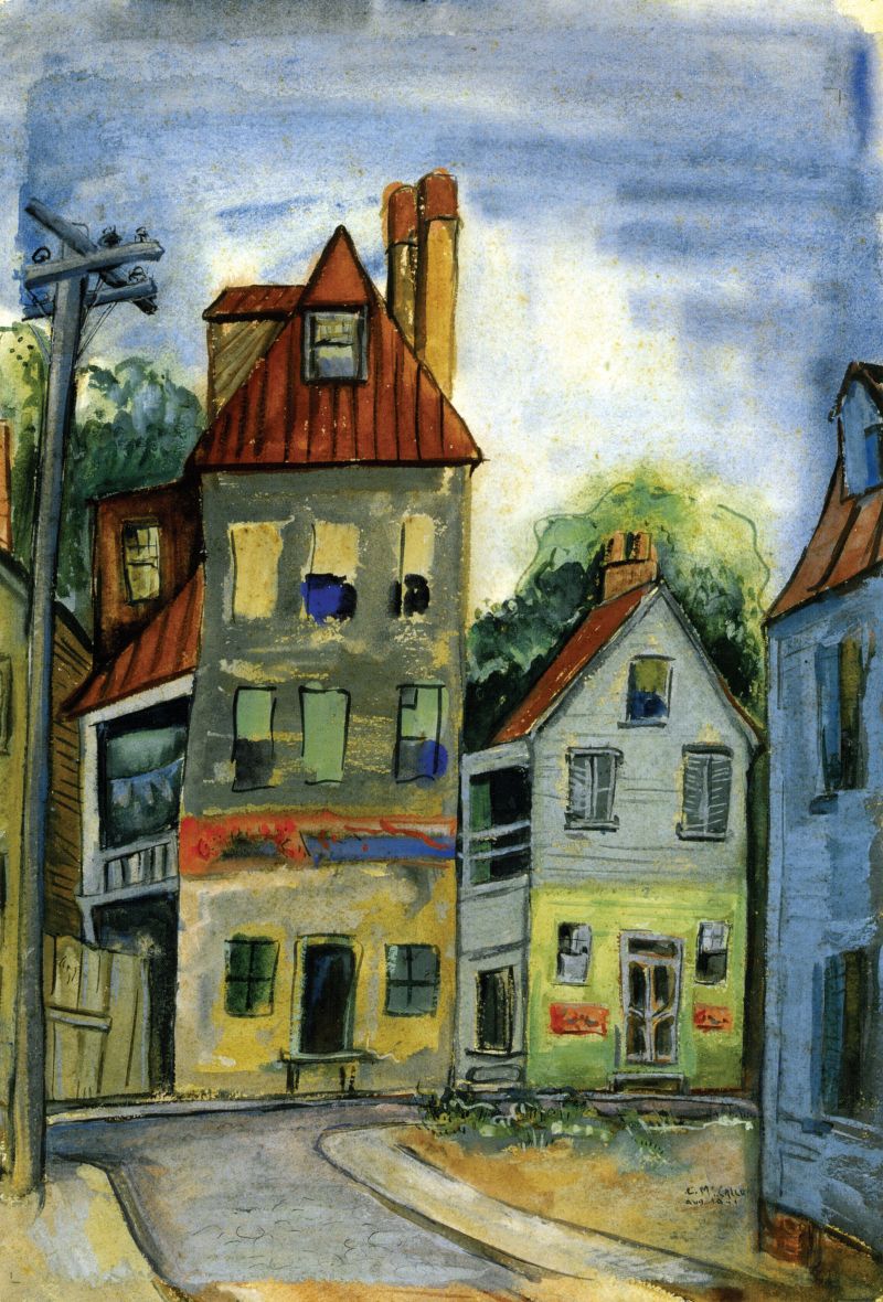 West End of George Street (casein on paper, 23 x 15 3/4 inches, 1941) by Corrie McCallum; she was often drawn to the less “attractive” parts of Charleston, as she felt the buildings conveyed complex emotions.