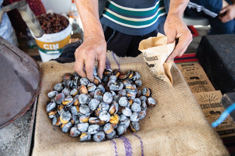 Roasted chestnuts for sale on the street in Funchal.