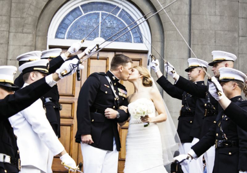 FORWARD, MARCH: Aly and Jake exited First Scots in proper Marine tradition.
