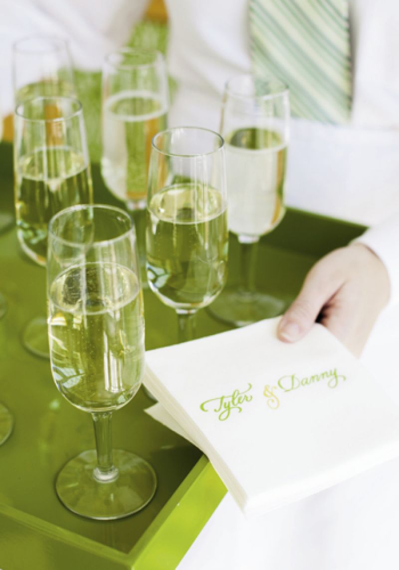 THIRST QUENCHER: Guests were offered champagne with “Tyler &amp; Danny” cocktail napkins.