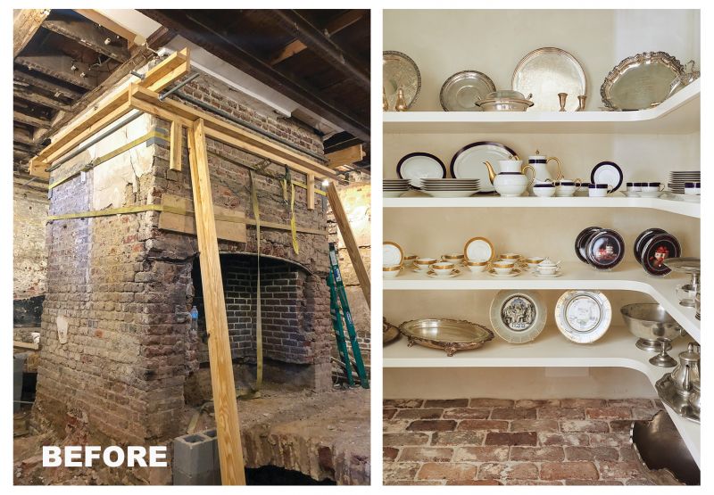 Brick Works: The main fireplace was converted into a walk-in china cabinet when the structure collapsed during the renovation.