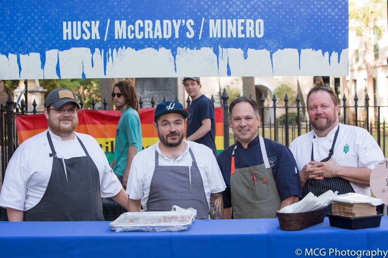 A member of the Husk team with chefs Sean Brock, Marc Collins of Circa 1886, and Russ Moore of SNOB