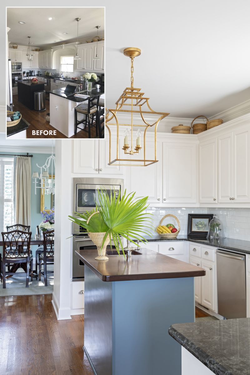 ISLAND LIVING: Painting the base of the petite island in Benjamin Moore “Knoxville Gray” and replacing the light fixture with a Visual Comfort gilded iron pagoda lantern updated the existing kitchen, aligning it with the rest of the home’s redesign.