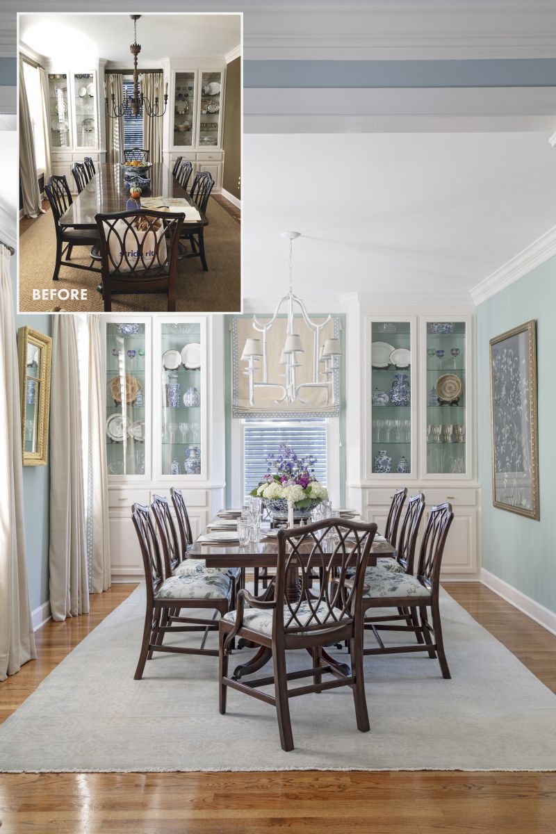 SEA CHANGE: Swapping out a sisal rug for a gorgeous wool Oushak in a tone-on-tone pattern and painting the walls and the back of the built-ins with Benjamin Moore “Wythe Blue” refreshed this formal dining room. A few touches of fabric, from recovering the chairs in chintz to adding the white chandelier from Wildwood with linen shades from Ballard Designs, and the transformation was complete.