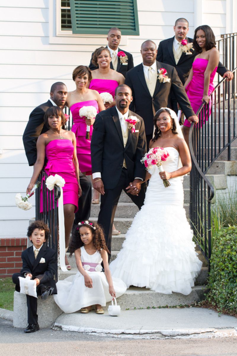 28—A FANCY FLOCK: “We are thankful to God for blessing us with our union and to all of our family and friends for celebrating with us,” says the bride of their nuptials. Attendants wore bright After Six dresses; the groomsmen, Ralph Lauren suits.