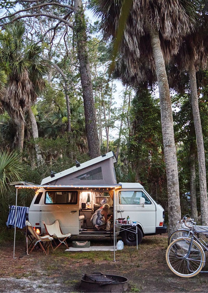 Camping under towering palmettos and pines at Hunting Island State Park.
