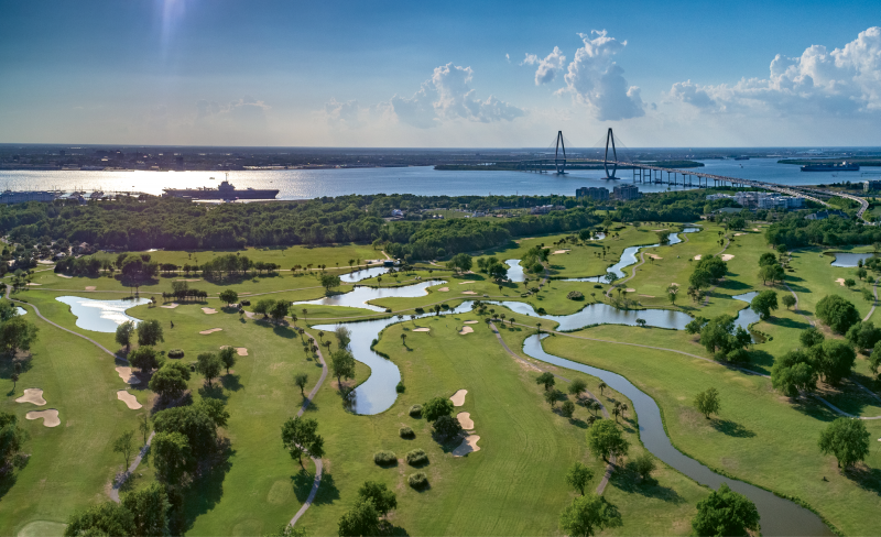 “Patriots Point Links” {Altitude: 200 feet} High above Mount Pleasant’s harborside golf course one April afternoon, with views of the USS Yorktown and downtown beyond