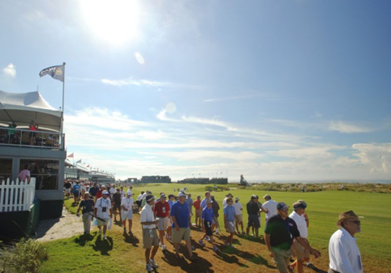 The crowds flowing past the 18th fairway.