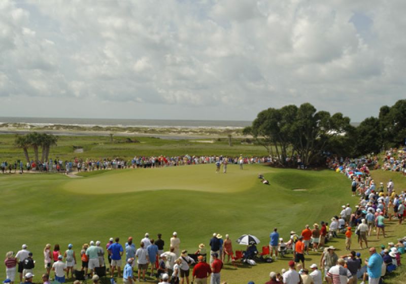 The view of the 9th green and the ocean beyond from the 1st tee grandstands.