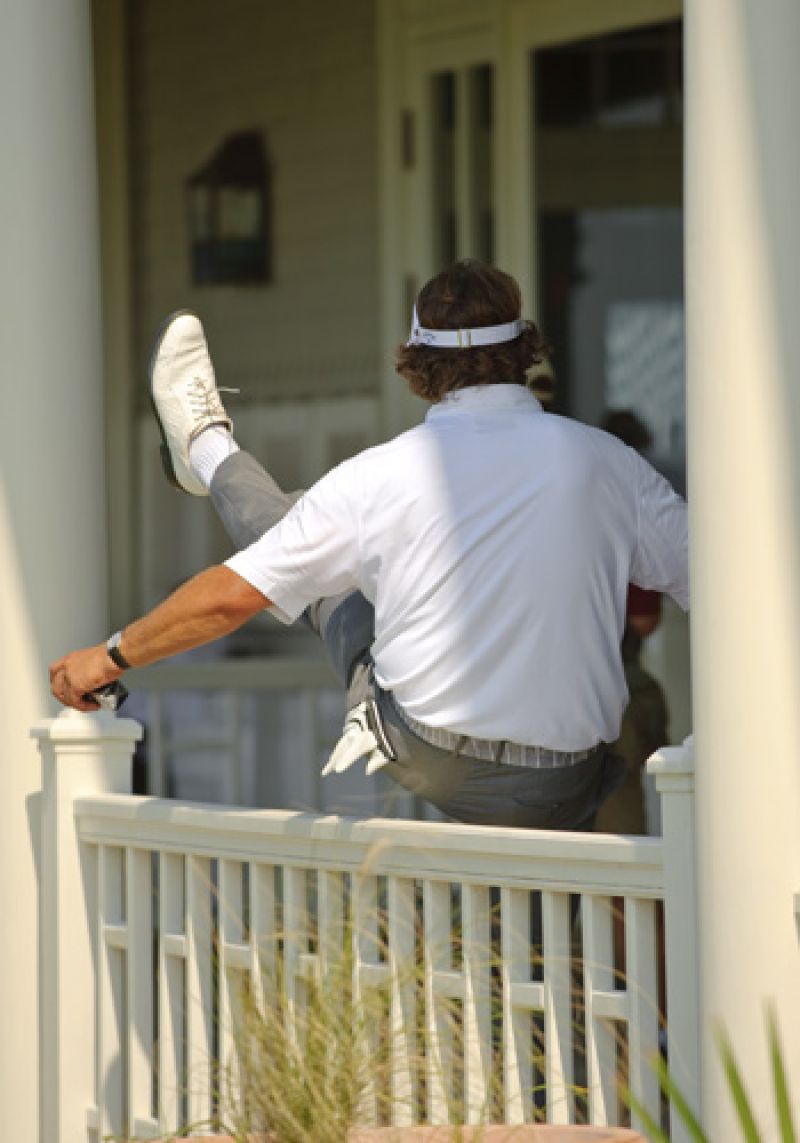 Phil Mickelson jumping the fence to get into the clubhouse.