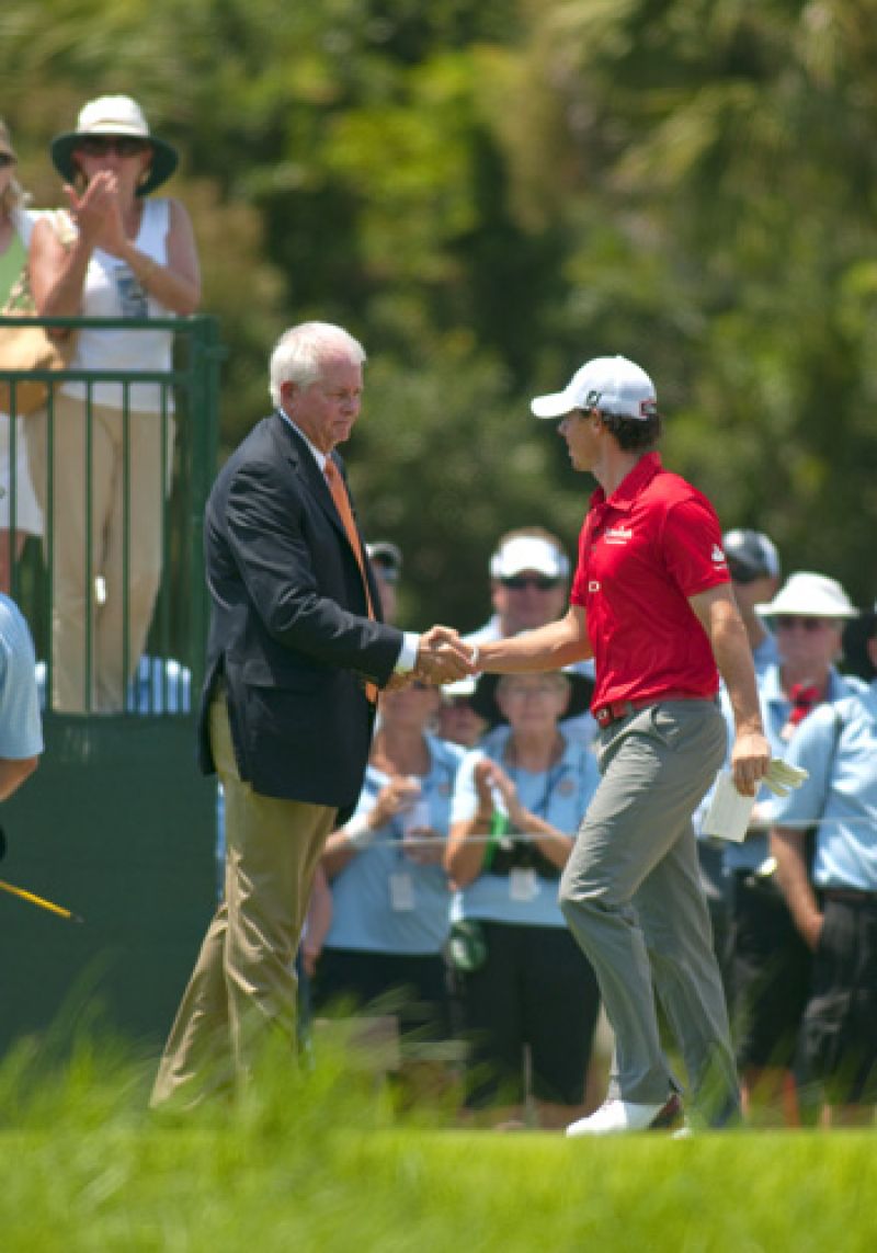 Rory is greeted on the tee by the official announcer and PGA of America vice president, Ted Bishop