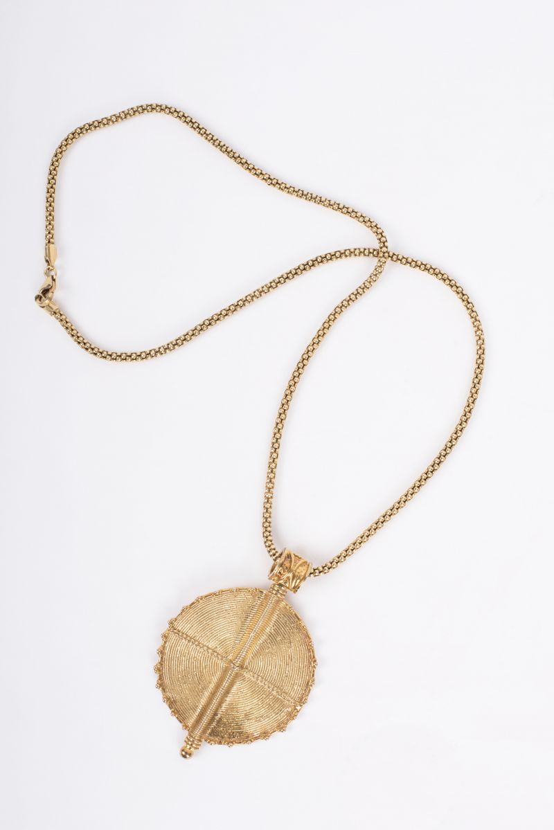 Etruscan gold plated flat shield pendant necklace, $342 at The Hidden Countship