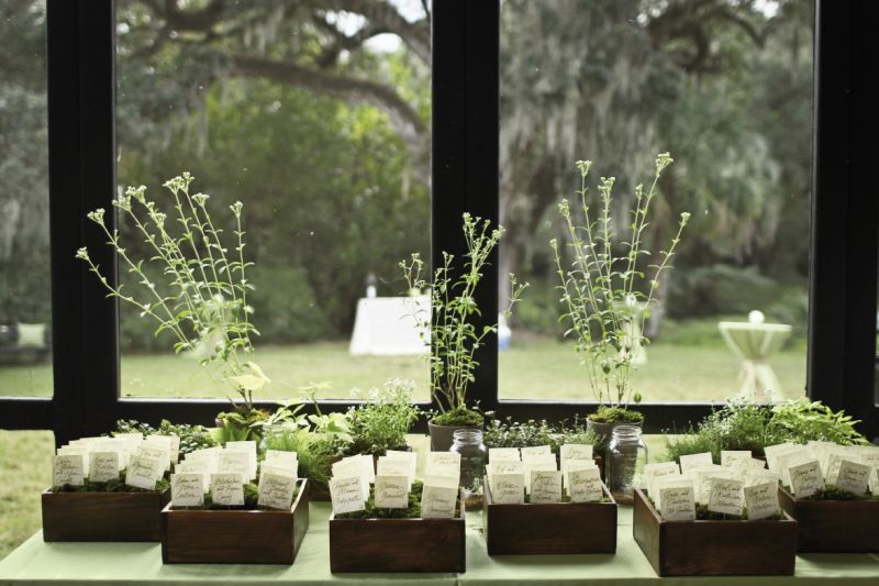 BRIGHT IDEA: To spice up the table assignments, Hannah Alexander potted them among greenery in dark-stained wooden boxes.