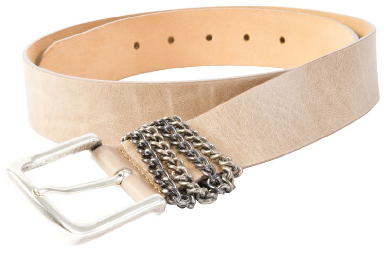 Streets Ahead &quot;Chainkeeper&quot; leather belt in taupe with gunmetal chain detail, $150 at Anne&#039;s