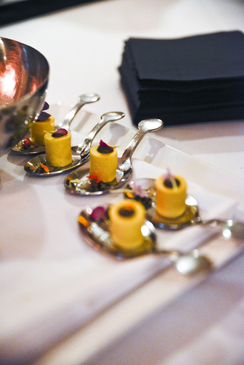 Hors d&#039;oeuvres topped with real flower pedals.