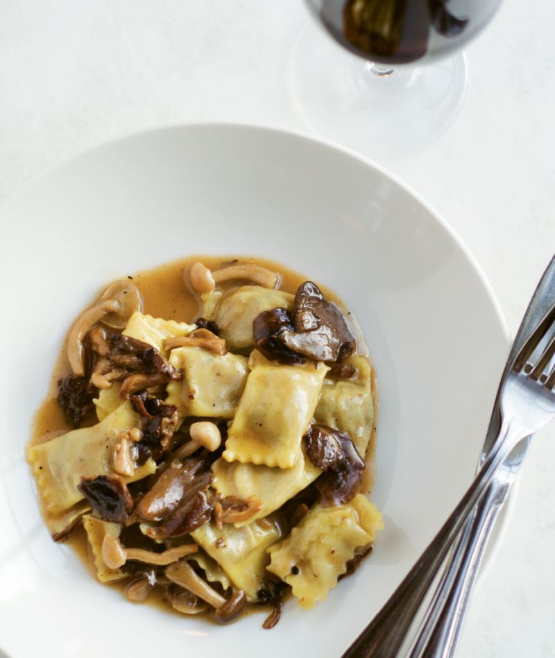 Pasta Pillows: Duck and Parmigiano-filled agnolotti with  oyster and shiitake mushrooms.