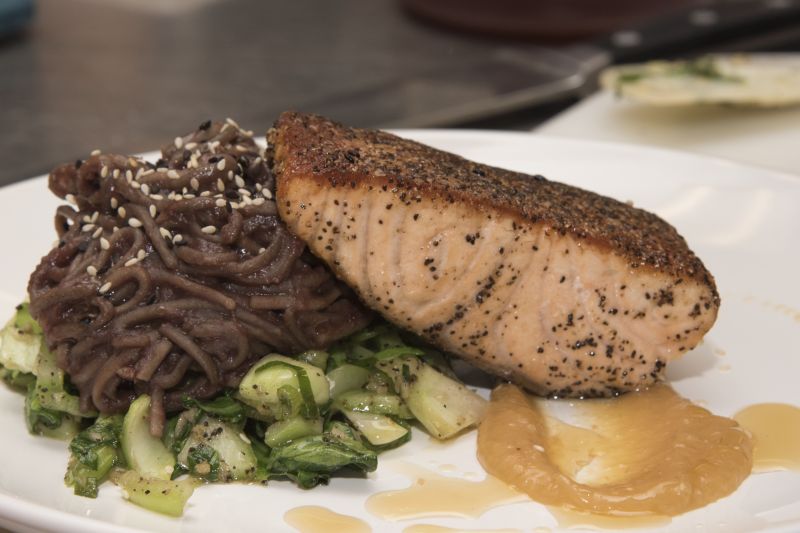 Salmon with miso cream sauce and soba noodle stir fry