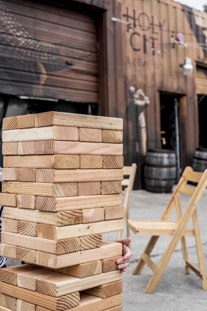 A super-sized game of Jenga kept everyone on their toes.