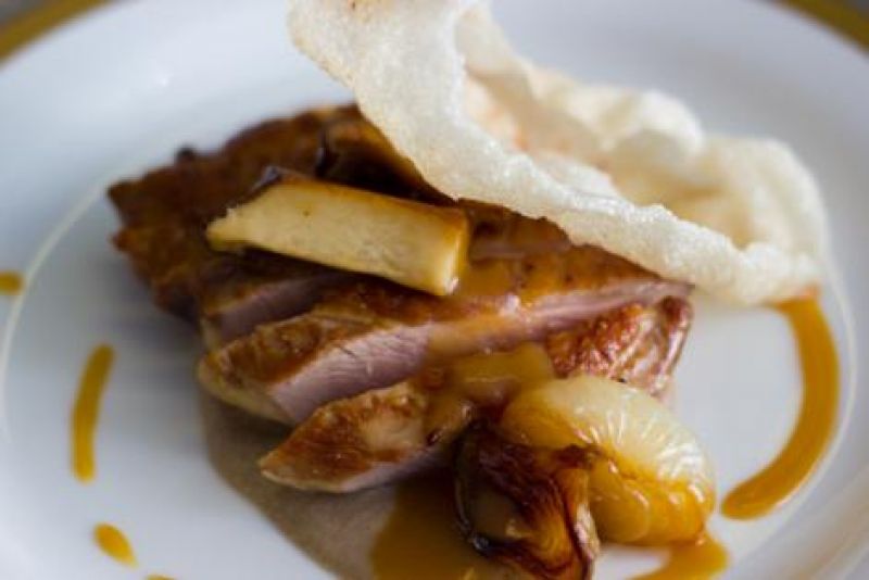 Dry aged Canadian duck breast (foie gras tourchon, King Trumpet mushrooms, “cracklins,” misoyaki glaze)
