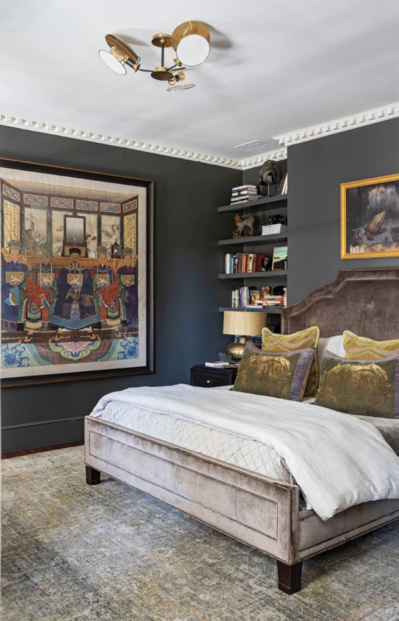 CALMING RETREAT: Across the hall from the library sits Michael’s primary suite. “I really have this whole floor as my personal space—it just flows,” he says. A velvet Thomas O’Brien bed grounds the suite in luxury.