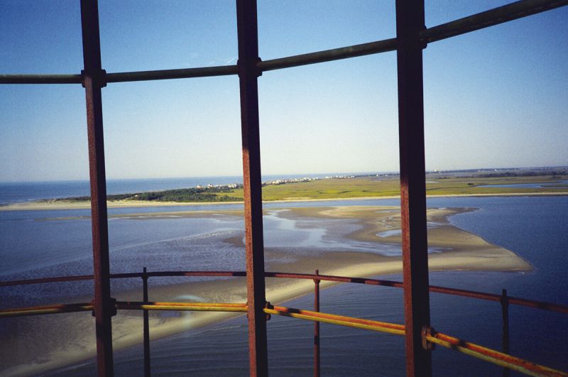 A view from the lantern room of the Morris Island Lighthouse shows the east end of Folly Beach. Due to continuing erosion, the lighthouse now sits about a half mile offshore. (photograph by Richard Beck)