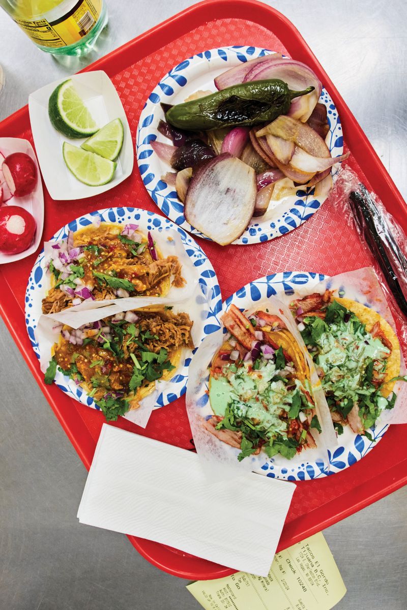 Taco Time: Our first stop is for a tray full of tacos and fire-roasted vegetables at Tacos el Gordo, which originated about 500 miles southwest in Tijuana.