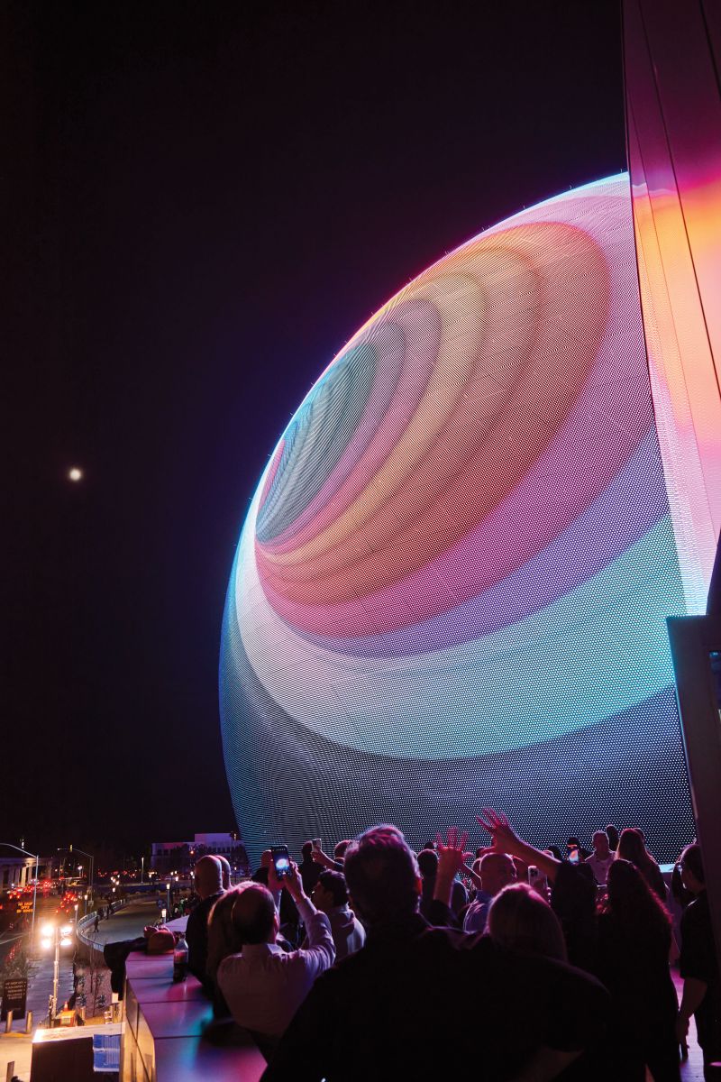 A closeup view of the 366-foot-tall Sphere’s planet-like curves before the concert; the exterior features 580,000 square feet of programmable LED lights, and the designs continually move and change.
