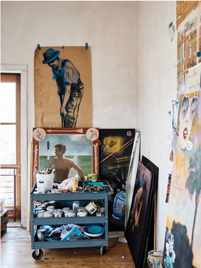 Artworks, both complete and in progress, are stacked or tacked to the walls. “He’s made such a mark in Charleston; he’s part of our arts heritage,” says Brooks Reitz, co-owner of Leon’s, Little Jack’s, and Melfi’s restaurants that are home to several Boatwright murals and paintings.