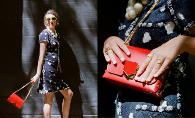 Spot On: Chanel “Graffiti” dress, $3,500, at The Trunk Show; Vintage faux pearl necklace, price upon request at Candy Shop Vintage; and Iris Apfel acetate sunglasses in “lime,” $465 at Friedrich’s Optik. (Opposite) Jimmy Choo “Lockett Petite” spazzolato (brushed) leather shoulder bag, $1,450 at Gwynn’s of Mount Pleasant; Frieda Rothman dainty circular ring, $65, and turquoise band, $175, both at Croghan’s Jewel Box; and Odette NYC “gold mouth ring,” $140 at Port Mercantile