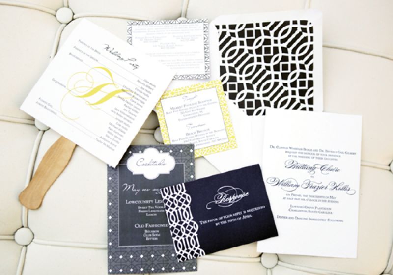 PRETTY IN PRINT: Scotti Cline Designs created formal stationery with pops of yellow and a touch of gray.