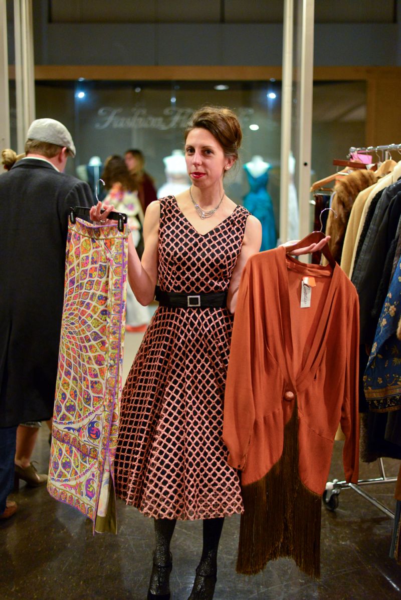 Julie Wheat, owner of the Cavortress boutique, highlights a Gucci skirt from the &#039;60s and a dress from the &#039;20s.