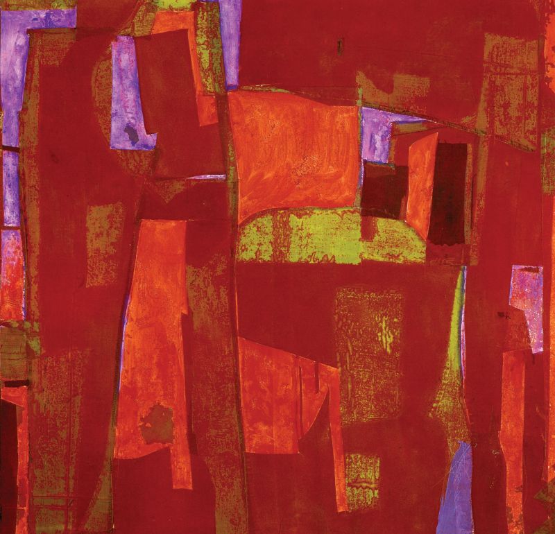 Red Square (collage and oil on Masonite, 46 x 48 inches, 1997) by William Halsey