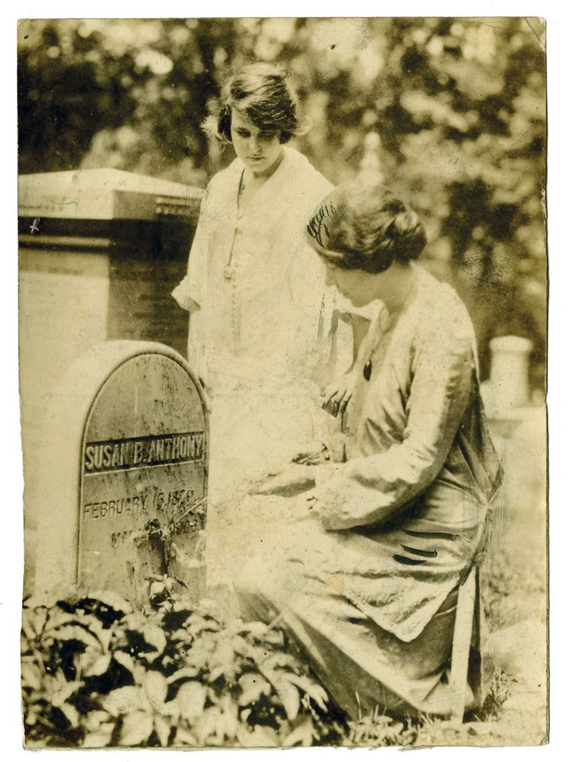 Anita and Alice Paul, co-founder of the National Woman’s Party, at Susan B. Anthony’s grave, circa 1920.