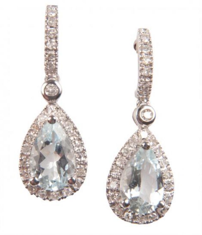 10K white gold earrings, with 5mm x 8mm pear-shaped aquamarine stones and .25 cts. diamonds, $675 at Reeds Jewelers; photograph by Sophia Parker