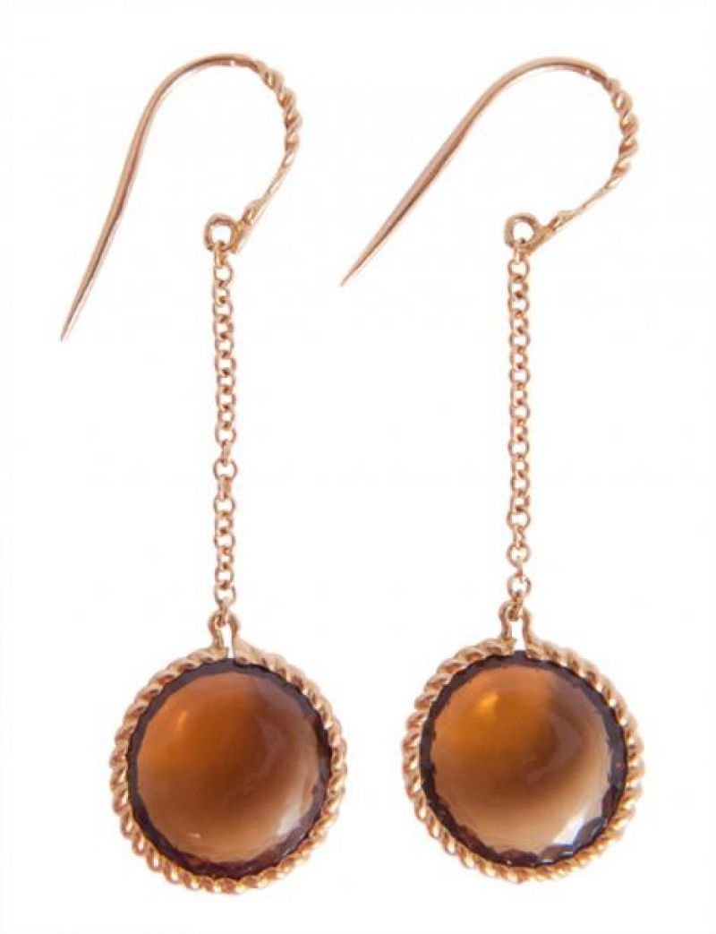 18K yellow gold earrings with 2.75 cts. dark brown citrine from Roberto Coin&#039;s Ipanema Collection, $940 at Paulo Geiss Jewelers; photograph by Sophia Parker