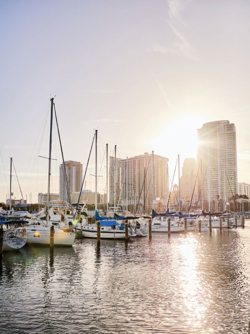 Tampa Bay Views: Sailboats bob at marina docks along the shore in downtown St. Petersburg