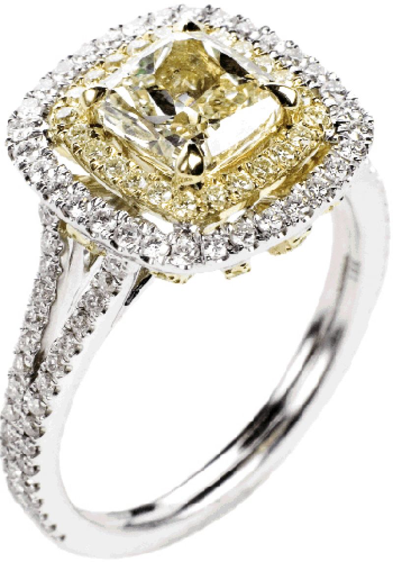 Stone-Cold Glam: 18K white gold ring with 1.55 ct. center yellow diamond and accent diamonds (1.5 total ct.) Nice Ice, $18,000